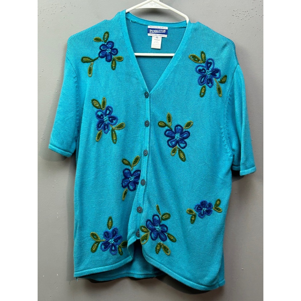 Pendleton Cardigan Womens XL Turquoise Floral Embroidered Short Sleeve Knit